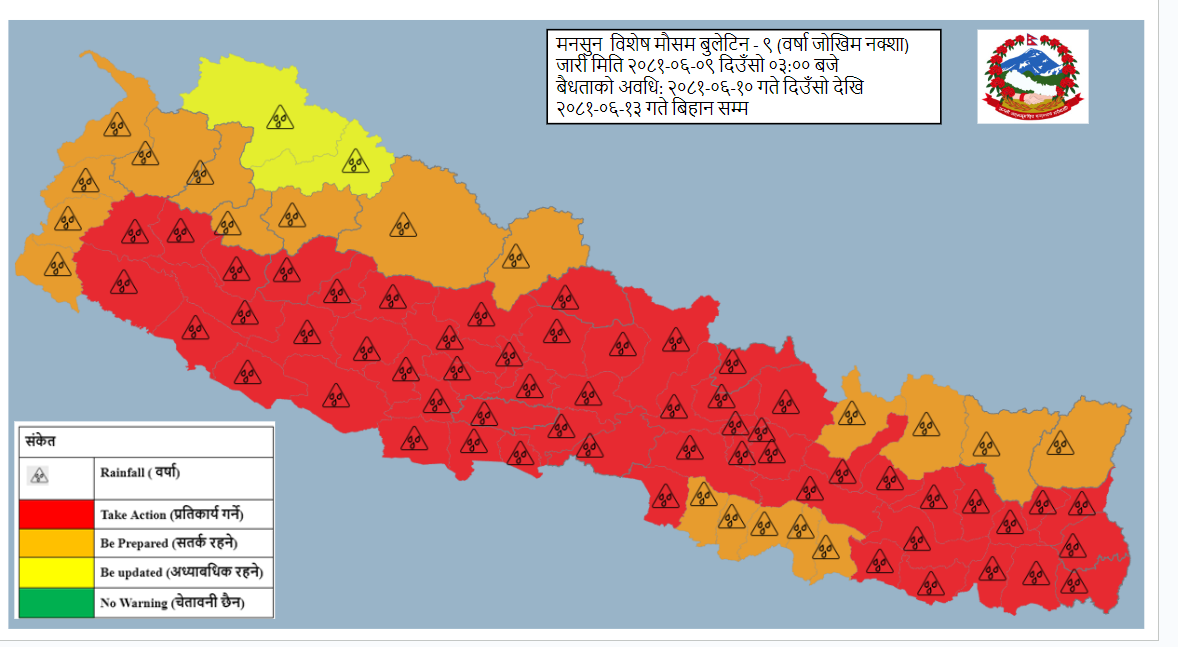 मनसुन सक्रिय भएपछि ५६ जिल्लामा ‘रेड अलर्ट’ जारी